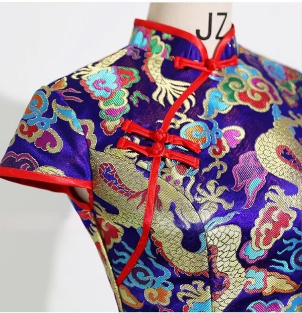 Chinesischer Stil Königliches Blau Satin Abend Sweep / Pinsel Zug Cheongsam 2025 Meerjungfrau Stehkragen Kurze Ärmel