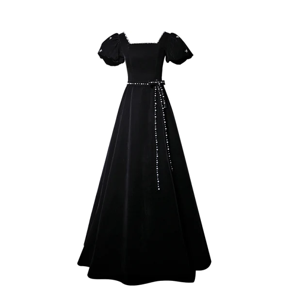 Elegant Black Prom Dresses 2022 A-Line / Princess Square Neckline Pearl Bow Sash Short Sleeve Backless Floor-Length / Long Formal Dresses
