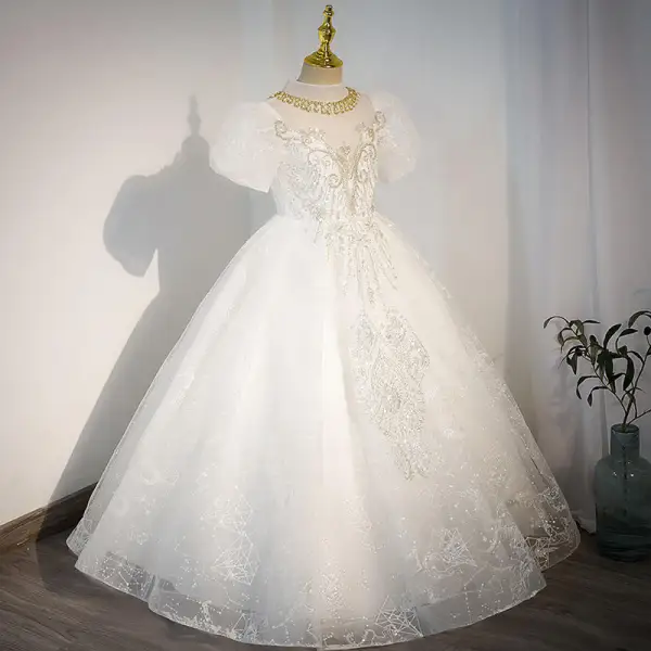 Charming White Rhinestone Sequins Pearl Birthday Flower Girl Dresses 2022 Ball Gown Scoop Neck Puffy Short Sleeve Floor-Length / Long Flower Girl Dresses