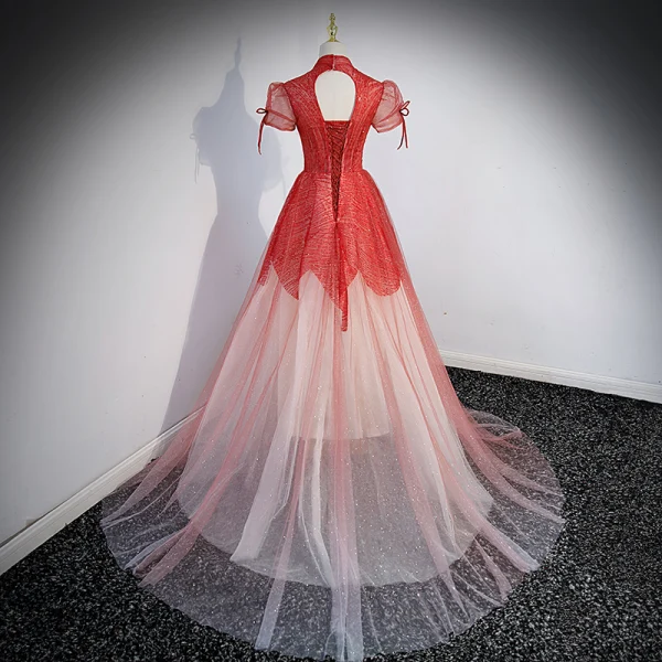 Chic / Belle Multi-Couleurs Rouge Robe De Bal 2022 Princesse U-Cou Manches Courtes Dos Nu Perlage Paillettes Longue Robe De Ceremonie