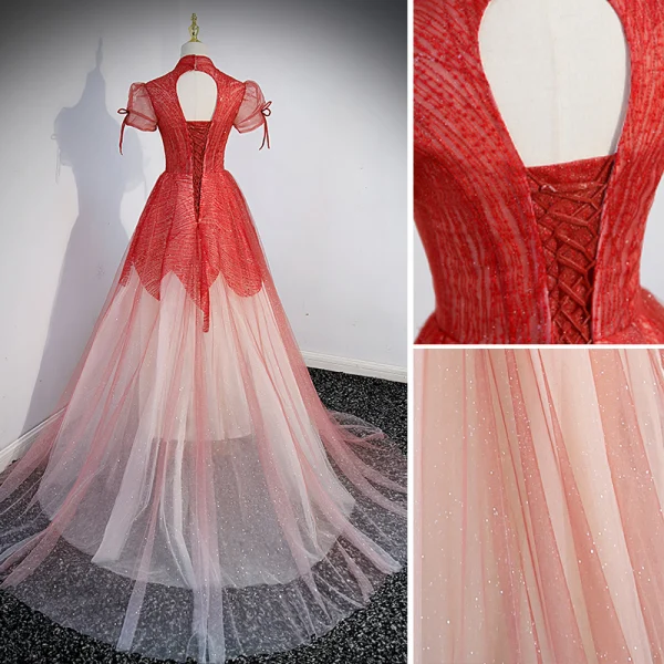 Chic / Belle Multi-Couleurs Rouge Robe De Bal 2022 Princesse U-Cou Manches Courtes Dos Nu Perlage Paillettes Longue Robe De Ceremonie