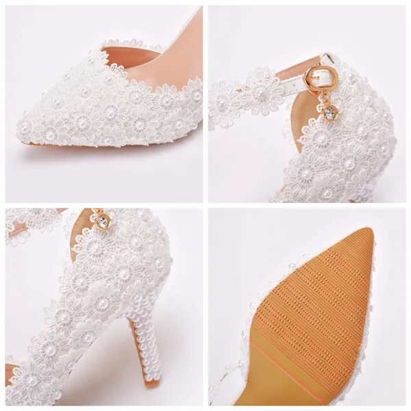 Elegant White Wedding Shoes 2022 Lace Flower Pearl Ankle Strap 8 cm Stiletto Heels Pointed Toe Wedding High Heels