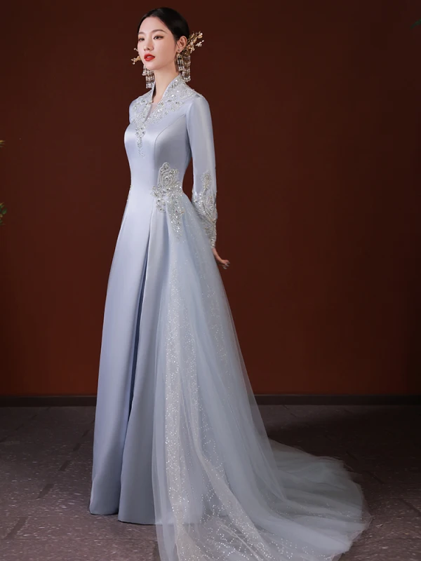 Chinese style Grey Beading Rhinestone Sequins Prom Dresses 2022 A-Line / Princess Satin High Neck Long Sleeve Backless Floor-Length / Long Formal Dresses