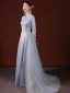 Chinese style Grey Beading Rhinestone Sequins Prom Dresses 2022 A-Line / Princess Satin High Neck Long Sleeve Backless Floor-Length / Long Formal Dresses