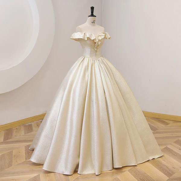 Élégant Champagne Glitter Robe De Bal 2022 Robe Boule De l'épaule Manches Courtes Dos Nu Longue Promo Robe De Ceremonie