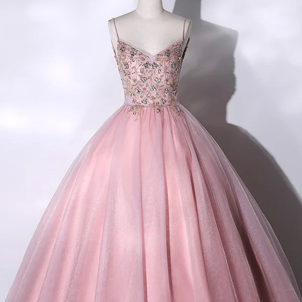 Chic / Belle Rougissant Rose Perlage Faux Diamant Paillettes Robe De Bal 2023 Robe Boule Bretelles Spaghetti Sans Manches Dos Nu Longue Promo Robe De Ceremonie