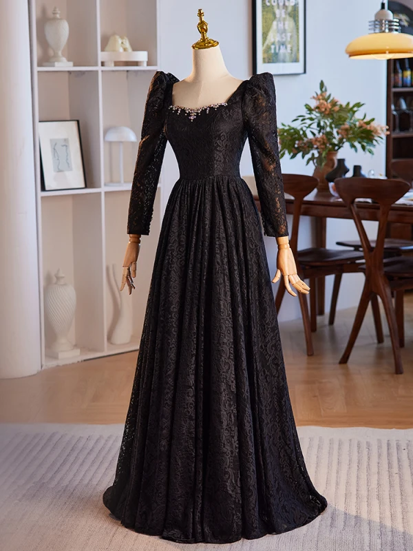 Vintage / Retro Black Lace Rhinestone Prom Dresses 2024 A-Line / Princess Square Neckline Long Sleeve Backless Floor-Length / Long Prom Formal Dresses