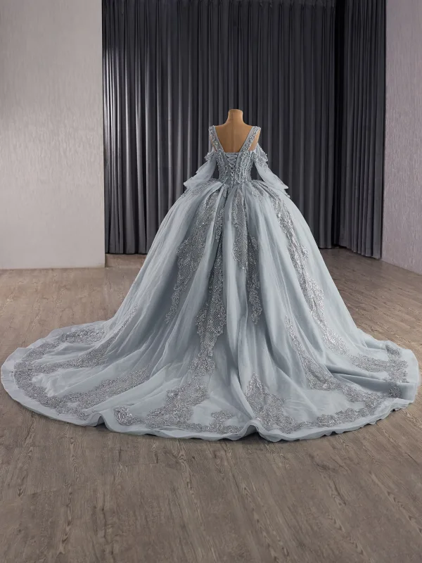 High-end Grey Beading Pearl Sequins Quinceañera Prom Dresses 2025 Ball Gown Square Neckline Short Sleeve Backless Court Train Formal Dresses