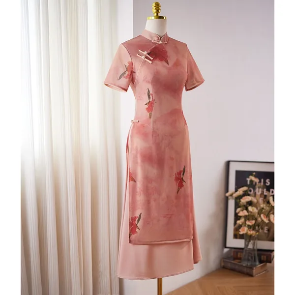 Chinese style Blushing Pink Printing Split Front Cheongsam 2024 Trumpet / Mermaid High Neck Short Sleeve Prom Floor-Length / Long