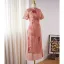 Chinese style Blushing Pink Printing Split Front Cheongsam 2024 Trumpet / Mermaid High Neck Short Sleeve Prom Floor-Length / Long