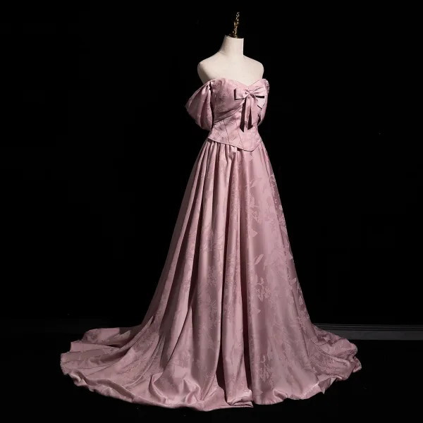 Vintage / Originale Rougissant Rose Noeud Robe De Bal 2026 Princesse Bustier Sans Manches Dos Nu Train De Balayage Promo Robe De Ceremonie