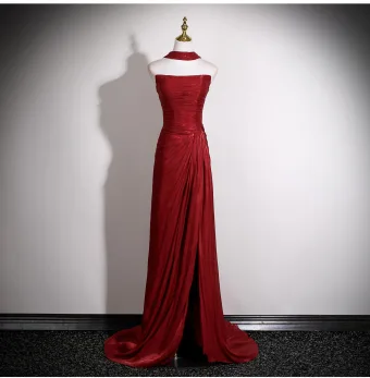 Sexy Burgunderrot Gespaltete Front Abendkleider 2025 Meerjungfrau Bandeau Ärmellos Rückenfreies Sweep Pinsel Zug Festliche Kleider