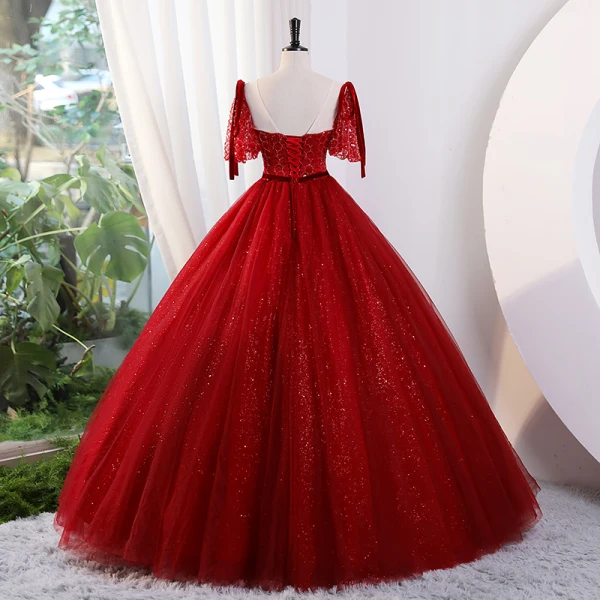 Elegant Burgundy Glitter Beading Sequins Prom Dresses 2023 Ball Gown V-Neck Short Sleeve Backless Bow Sash Prom Floor-Length / Long Formal Dresses