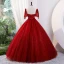 Elegant Burgundy Glitter Beading Sequins Prom Dresses 2023 Ball Gown V-Neck Short Sleeve Backless Bow Sash Prom Floor-Length / Long Formal Dresses