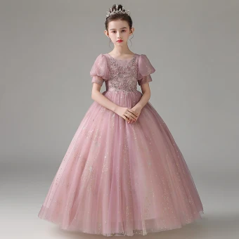 Chic Belle Rougissant Rose Perlage Perle Paillettes En Dentelle Fleur Robe Ceremonie Fille 2022 Princesse Encolure Dégagée Appliques Manches Courtes Longue Promo Robe Ceremonie Fille
