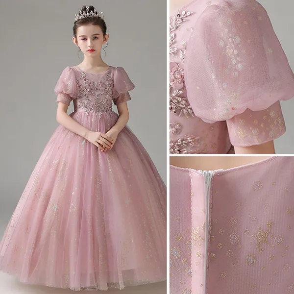 Chic / Beautiful Blushing Pink Beading Pearl Sequins Lace Flower Flower Girl Dresses 2022 A-Line / Princess Scoop Neck Appliques Short Sleeve Floor-Length / Long Prom Flower Girl Dresses
