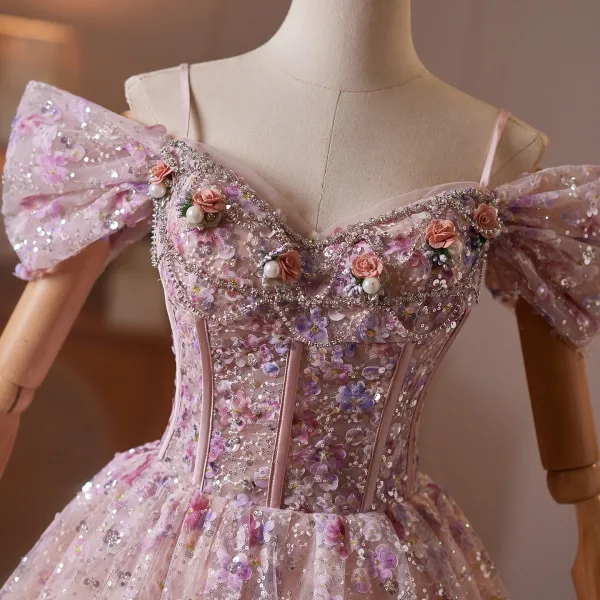Fée Des Fleurs Rougissant Rose Perlage Perle Faux Diamant Appliques Courte Robe De Bal 2026 Robe Boule De l'épaule Manches Courtes Dos Nu Tulle Robe De Ceremonie