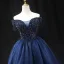 Vintage / Retro Navy Blue Beading Sequins Prom Dresses 2024 Ball Gown Off-The-Shoulder Short Sleeve Backless Floor-Length / Long Formal Dresses