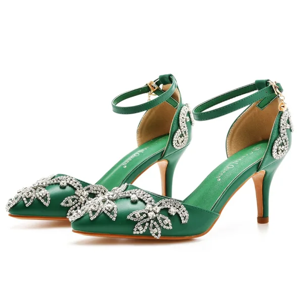 Sexy Silber Strass Brautschuhe 2023 7 cm Stilettos Knöchelriemen Spitzschuh Hochzeit Sandaletten Hochhackige