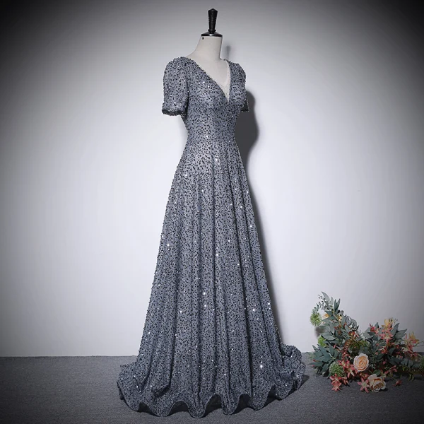 Sparkly Silver Grey Sequins Prom Dresses 2022 A-Line / Princess V-Neck Short Sleeve Backless Floor-Length / Long Prom Formal Dresses
