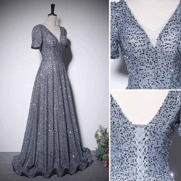Sparkly Silver Grey Sequins Prom Dresses 2022 A-Line / Princess V-Neck Short Sleeve Backless Floor-Length / Long Prom Formal Dresses