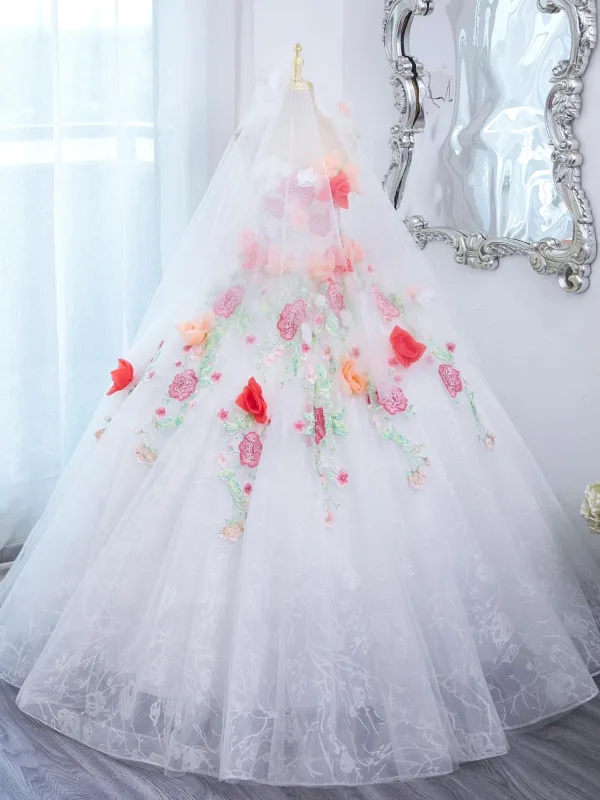 Blomsterfe Hvit Rhinestone Blonder Blomst Appliques Ballkjoler 2024 Ballkjole Kjæreste Uten Ermer Ryggløse Lange Ball Formelle Kjoler