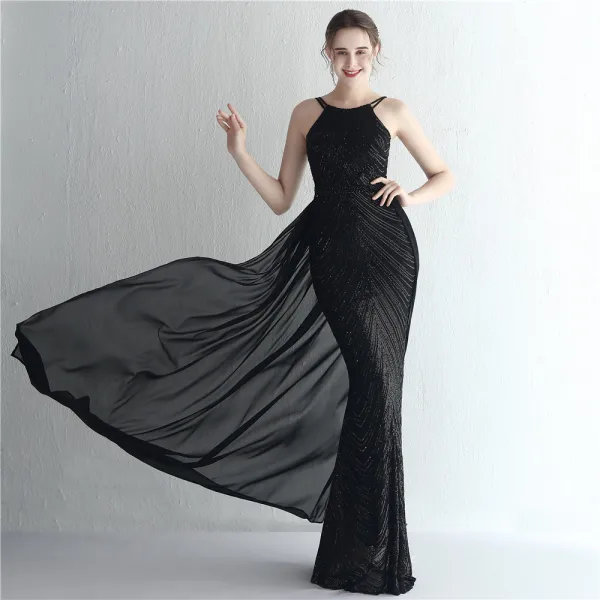 Sexy Burgundy Sequins Evening Dresses 2024 Trumpet / Mermaid Spaghetti Straps Sleeveless Backless Floor-Length / Long Evening Party Formal Dresses
