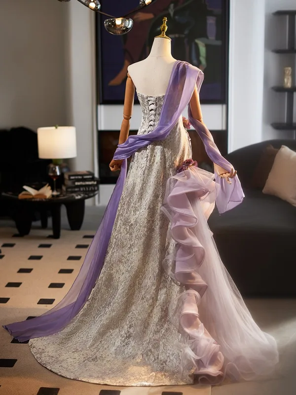 Chinese style Champagne Appliques Printing Evening Dresses 2025 A-Line / Princess Strapless Sleeveless Backless Sweep Train Evening Party Formal Dresses