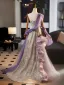 Chinese style Champagne Appliques Printing Evening Dresses 2025 A-Line / Princess Strapless Sleeveless Backless Sweep Train Evening Party Formal Dresses