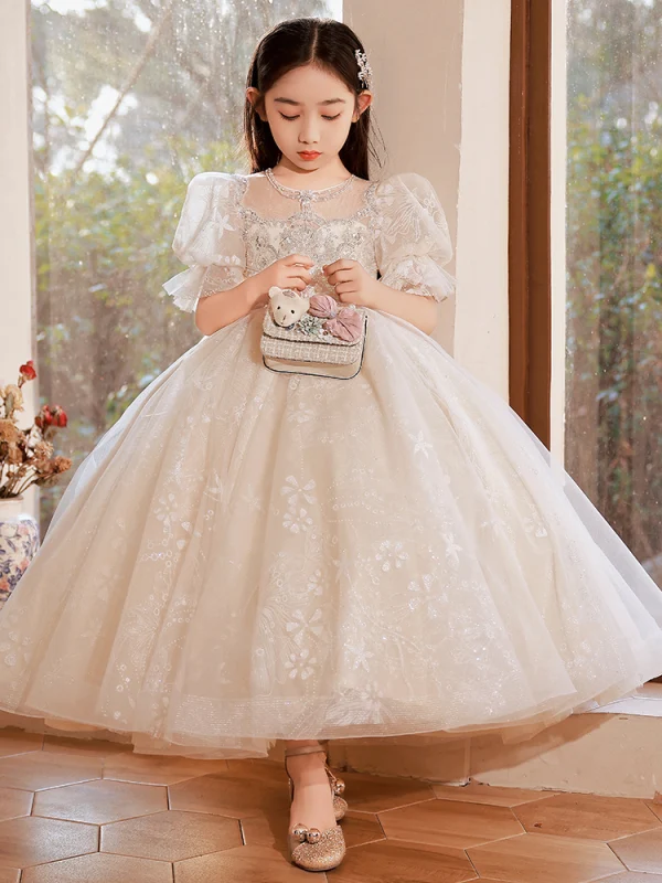 Charming Champagne Beading Sequins Birthday Flower Girl Dresses 2022 Ball Gown Scoop Neck Short Sleeve Backless Bow Floor-Length / Long Flower Girl Dresses
