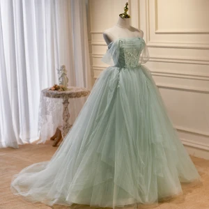 Charmant Vert Cendré Perlage Perle Paillettes Robe De Bal 2023 Robe Boule Bustier Sans Manches Dos Nu Train De Balayage Promo Robe De Ceremonie