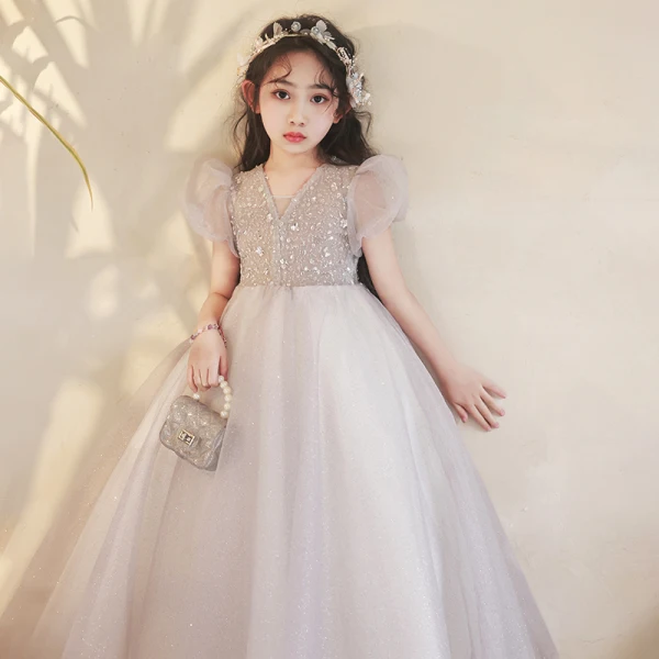 Modest / Simple Grey Beading Sequins Birthday Flower Girl Dresses 2024 Ball Gown V-Neck Short Sleeve Floor-Length / Long