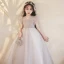 Modest / Simple Grey Beading Sequins Birthday Flower Girl Dresses 2024 Ball Gown V-Neck Short Sleeve Floor-Length / Long