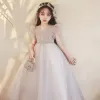 Modest / Simple Grey Beading Sequins Birthday Flower Girl Dresses 2024 Ball Gown V-Neck Short Sleeve Floor-Length / Long