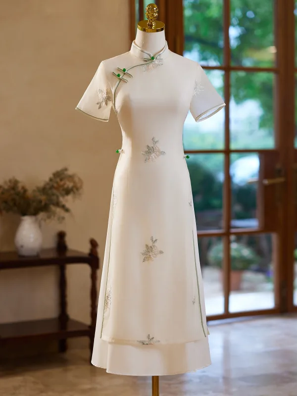 Chinese style White Printing Floor-Length / Long Cheongsam 2024 A-Line / Princess High Neck Short Sleeve Chinese style White Printing Floor-Length / Long Cheongsam 2024 A-Line / Princess High Neck Short Sleeve