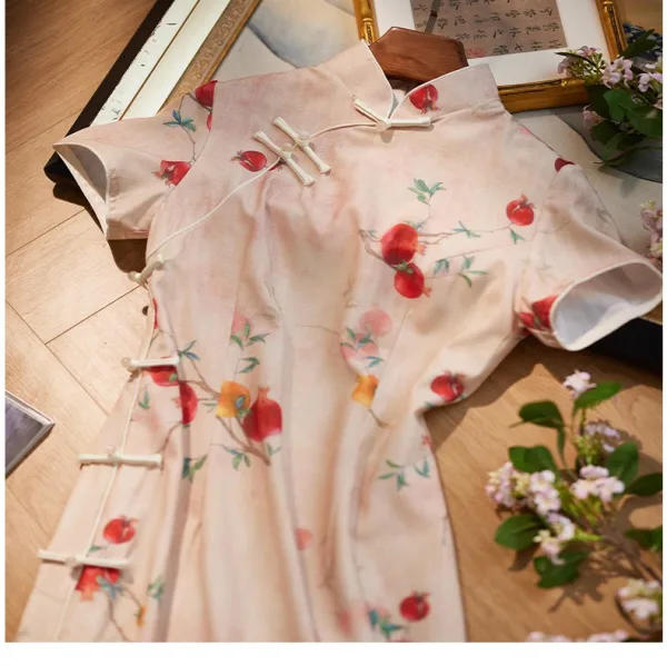 Chinese style Khaki Printing Summer Tea-length Cheongsam 2024 Trumpet / Mermaid High Neck Short Sleeve