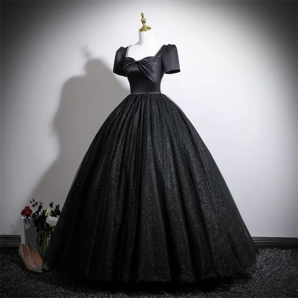Vintage / Retro Black Glitter Prom Dresses 2025 Ball Gown Square Neckline Bow Short Sleeve Backless Floor-Length / Long Formal Dresses