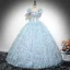 Fashion Sky Blue Bow Tassel Prom Dresses 2024 Ball Gown Square Neckline Short Sleeve Backless Floor-Length / Long Prom Formal Dresses