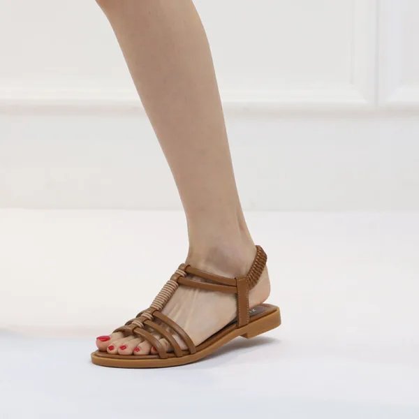 Romain Été Beige Vêtement de rue Plage Plate Sandales Femme 2022 T-Strap Peep Toes / Bout Ouvert Sandales