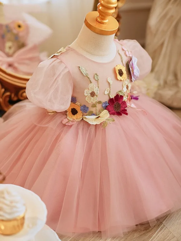 Chic / Beautiful Blushing Pink Short Lace Flower Bow Birthday Flower Girl Dresses 2024 Ball Gown Scoop Neck Short Sleeve Tulle