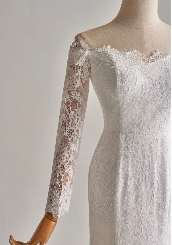 Vintage / Retro White Lace Flower Sweep Train Wedding Dresses 2025 Ball Gown Off-The-Shoulder Long Sleeve Backless