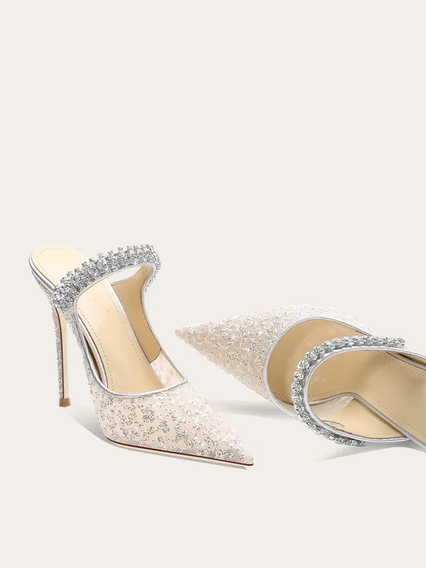 Sexy Argenté Faux Diamant Paillettes Soirée Sandales Femme 2024 11 cm Talons Aiguilles À Bout Pointu Sandales Talons Hauts