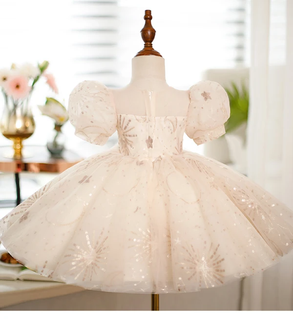 Chic / Beautiful Champagne Beading Pearl Lace Flower Sequins Birthday Short Flower Girl Dresses 2023 Ball Gown Scoop Neck Puffy Short Sleeve Tulle