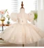 Chic / Beautiful Champagne Beading Pearl Lace Flower Sequins Birthday Short Flower Girl Dresses 2023 Ball Gown Scoop Neck Puffy Short Sleeve Tulle