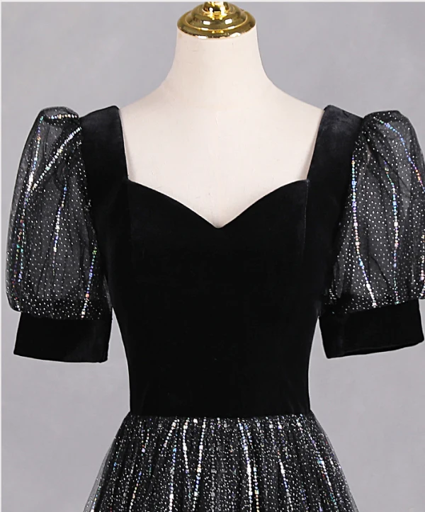 Bling Bling Noire Faux Diamant Paillettes Robe De Bal 2024 Princesse Encolure Carrée Manches Courtes Dos Nu Longue Promo Robe De Ceremonie