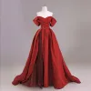 Chic / Beautiful Red Prom Dresses 2024 Ball Gown Off-The-Shoulder Short Sleeve Backless Floor-Length / Long Prom Formal Dresses