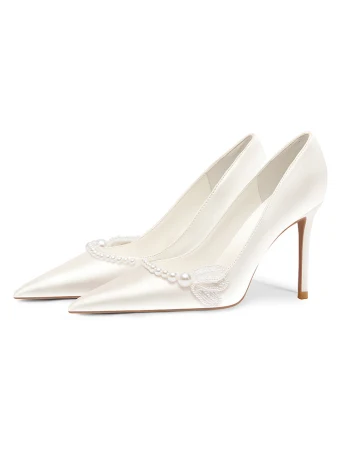 Élégant Ivoire Perle Satin Chaussure De Mariée 2024 8 Cm Talons Aiguilles À Bout Pointu Mariage Escarpins Talons Hauts