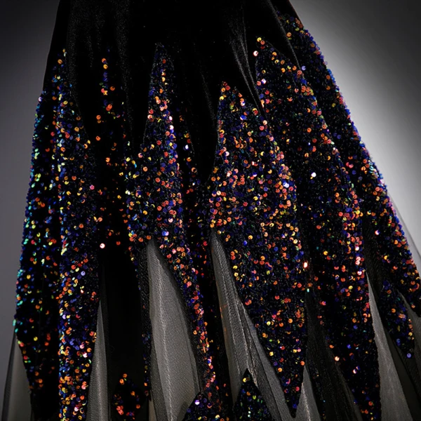 Sexy Black Sequins Evening Dresses 2023 A-Line / Princess Off-The-Shoulder Short Sleeve Backless Floor-Length / Long Evening Party Formal Dresses
