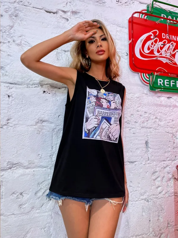 Women T-Shirts Black Cartoon Printing Tank Cotton Tee 2021 Loose Scoop Neck Summer Sleeveless Street Wear Tops