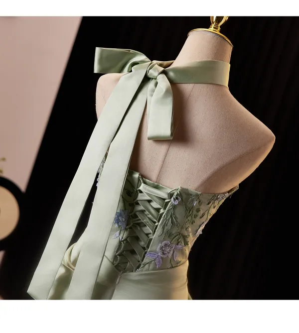 Elegant Sage Green Lace Flower Asymmetrical Satin Prom Dresses 2025 Trumpet / Mermaid Strapless Sleeveless Backless Formal Dresses